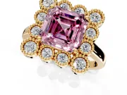 Cluster Halo Engagement Ring Setting for Fancy Pink Asscher Cut Center with Milgrain Bezel Accents and Prong Head in Yellow Gold