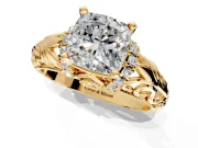 Solitaire Engagement Ring Setting for Cushion Cut Center with Filigree Accent Basket and Prong Head in Yellow Gold