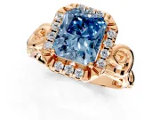 Halo Engagement Ring Setting for Fancy Blue Radiant Cut Center with Open Scroll Shoulders and Prong Head in Rose Gold