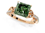 Leaf Motif Engagement Ring Setting for Fancy Green Princess Cut Center with Pave Band and Prong Head in Rose Gold