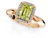 Halo Engagement Ring Setting for Fancy Yellow Emerald Cut Center with Tapered Plain Band and Prong Head in Rose Gold