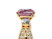 3 Stone Engagement Ring Setting for Fancy Pink Asscher Cut Center with Pave Twist Band and Prong Head in Yellow Gold