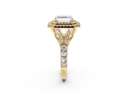 Double Halo Engagement Ring Setting for Asscher Cut Center with Narrow Pave Split Shank and Prong Head in Yellow Gold