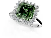 Starburst Halo Engagement Ring Setting for Fancy Green Asscher Cut Center with Thin Round-Wire Band and Prong Head in Platinum