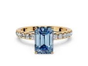 Open Basket Engagement Ring Setting for Fancy Blue Emerald Cut Center with Pave Band and Prong Head in Yellow Gold