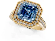Halo Engagement Ring Setting for Fancy Blue Asscher Cut Center with Outer Bezel Rim, Pave Band and Prong Head in Yellow Gold