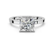 Hidden Halo Engagement Ring Setting for Princess Cut Center with Wide Flat Plain Band and Prong Head in White Gold