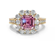Halo Engagement Ring Setting for Fancy Pink Asscher Cut Center with Milgrain Channel Band and Prong Head in Yellow Gold