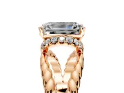 Halo Engagement Ring Setting for Emerald Cut Center with Rope Twist Split Shank and Prong Head in Rose Gold