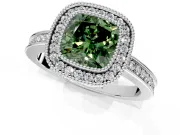 Halo Engagement Ring Setting for Fancy Green Cushion Cut Center with Milgrain Halo, Pave Band and Prong Head in White Gold