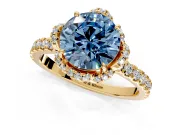Halo Engagement Ring Setting for Fancy Blue Round Cut Center with Openwork Halo, Pave Band and Prong Head in Yellow Gold