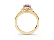 Paired Accent Engagement Ring Setting for Fancy Pink Cushion Cut Center with Pave Band and Prong Head in Yellow Gold