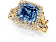 Halo Engagement Ring Setting for Fancy Blue Asscher Cut Center with Leaf Motif Split Shank and Prong Head in Yellow Gold