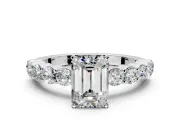 Shared-Prong Engagement Ring Setting for Emerald Cut Center with Graduated Accents and Prong Head in Platinum