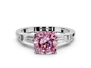 Bar-Set Engagement Ring Setting for Fancy Pink Cushion Cut Center with Tapered Baguette Accents and Prong Head in Sterling Silver
