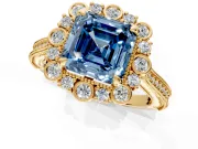 Milgrain Halo Engagement Ring Setting for Fancy Blue Asscher Cut Center with Bezel Point Accents and Prong Head in Yellow Gold