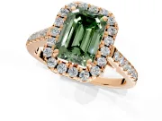 Halo Engagement Ring Setting for Fancy Green Emerald Cut Center with Raised Halo, Pave Band and Prong Head in Rose Gold