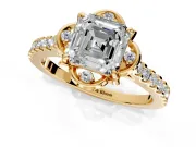 Floral Engagement Ring Setting for Asscher Cut Center with Pave Band and Floral Prong Head in Yellow Gold