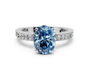 Solitaire Engagement Ring Setting for Fancy Blue Oval Center with Milgrain-Edged Pave Band and Prong Head in White Gold
