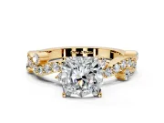 Solitaire Engagement Ring Setting for Cushion Cut Center with Bar-Station Pave Twist and Prong Head in Yellow Gold