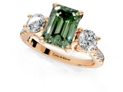 3 Stone Engagement Ring Setting for Fancy Green Emerald Cut Center with Crossover Basket, Pave Band and Prong Head in Rose Gold