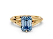 Solitaire Engagement Ring Setting for Fancy Blue Emerald Cut Center with Milgrain Cathedral Band and Prong Head in Yellow Gold