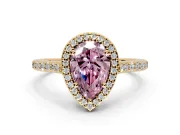 Halo Engagement Ring Setting for Fancy Pink Pear-Shaped Center with Pave Accents, Heart Basket and Prong Head in Yellow Gold