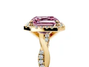 Halo Engagement Ring Setting for Fancy Pink Asscher Cut Center with Pave and Plain Twist Band and Prong Head in Yellow Gold