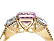 3 Stone Engagement Ring Setting for Fancy Pink Asscher Cut Center with Raised Basket Heads and Prong Head in Yellow Gold