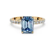 Solitaire Engagement Ring Setting for Fancy Blue Emerald Cut Center with Micro Pave Band and Prong Head in Yellow Gold
