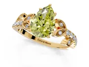 Leaf Motif Engagement Ring Setting for Fancy Yellow Pear-Shaped Center with Pave Band and Prong Head in Yellow Gold
