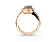 Milgrain Halo Engagement Ring Setting for Fancy Blue Heart-Shaped Center with Three-Sided Pave Band and Prong Head in Rose Gold