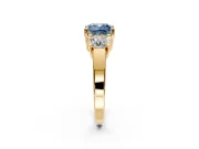3 Stone Engagement Ring Setting for Fancy Blue Cushion Cut Center with Matching Side Accents and Prong Head in Yellow Gold