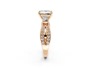 3 Stone Engagement Ring Setting for Princess Cut Center with Pave Twist Band and Prong Head in Rose Gold