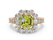 Halo Engagement Ring Setting for Fancy Yellow Asscher Cut Center with Milgrain Channel Band and Prong Head in Rose Gold