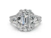 Halo Engagement Ring Setting for Emerald Cut Center with Two-Strand Split Shank and Prong Head in Platinum