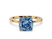 Solitaire Engagement Ring Setting for Fancy Blue Cushion Cut Center with Straight Thin Band and Prong Head in Yellow Gold