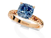 Solitaire Engagement Ring Setting for Fancy Blue Cushion Cut Center with XO Engraved Band and Prong Head in Rose Gold