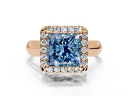 Halo Engagement Ring Setting for Fancy Blue Princess Cut Center with Square Band and Prong Head in Rose Gold