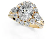 Halo Engagement Ring Setting for Oval Center with Two-Strand Split Shank and Prong Head in Yellow Gold