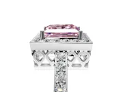Halo Engagement Ring Setting for Fancy Pink Princess Cut Center with Heart-Shaped Openwork, Pave Band and Prong Head in White Gold