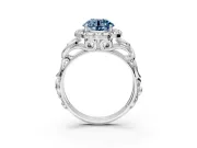 Halo Engagement Ring Setting for Fancy Blue Round Cut Center with Open Scroll Shoulders and Prong Head in Sterling Silver