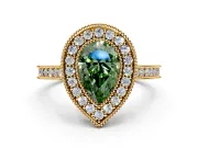 Halo Engagement Ring Setting for Fancy Green Pear-Shaped Center with Milgrain Pave Band and Bezel Head in Yellow Gold