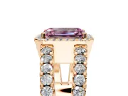 Halo Engagement Ring Setting for Fancy Pink Emerald Cut Center with Wide-Open Pave Split Shank and Prong Head in Rose Gold
