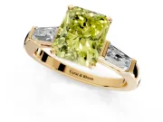 3 Stone Engagement Ring Setting for Fancy Yellow Radiant Cut Center with Tapered Baguettes, Plain Band and Prong Head in Yellow Gold
