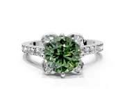 Floral Engagement Ring Setting for Fancy Green Round Cut Center with Pave Band and Floral Prong Head in Sterling Silver