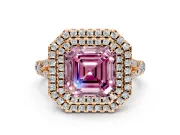 Double Halo Engagement Ring Setting for Fancy Pink Asscher Cut Center with Narrow Pave Split Shank and Prong Head in Rose Gold