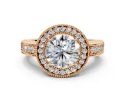 Milgrain Halo Engagement Ring Setting for Round Cut Center with Pave Band and Prong Head in Rose Gold
