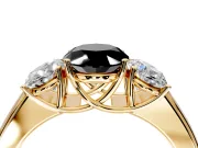 3 Stone Engagement Ring Setting for Fancy Black Oval Center with Raised Basket Heads and Prong Head in Yellow Gold