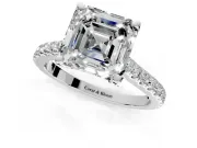 Solitaire Engagement Ring Setting for Asscher Cut Center with Widening Pave Band and Claw Prong Head in White Gold